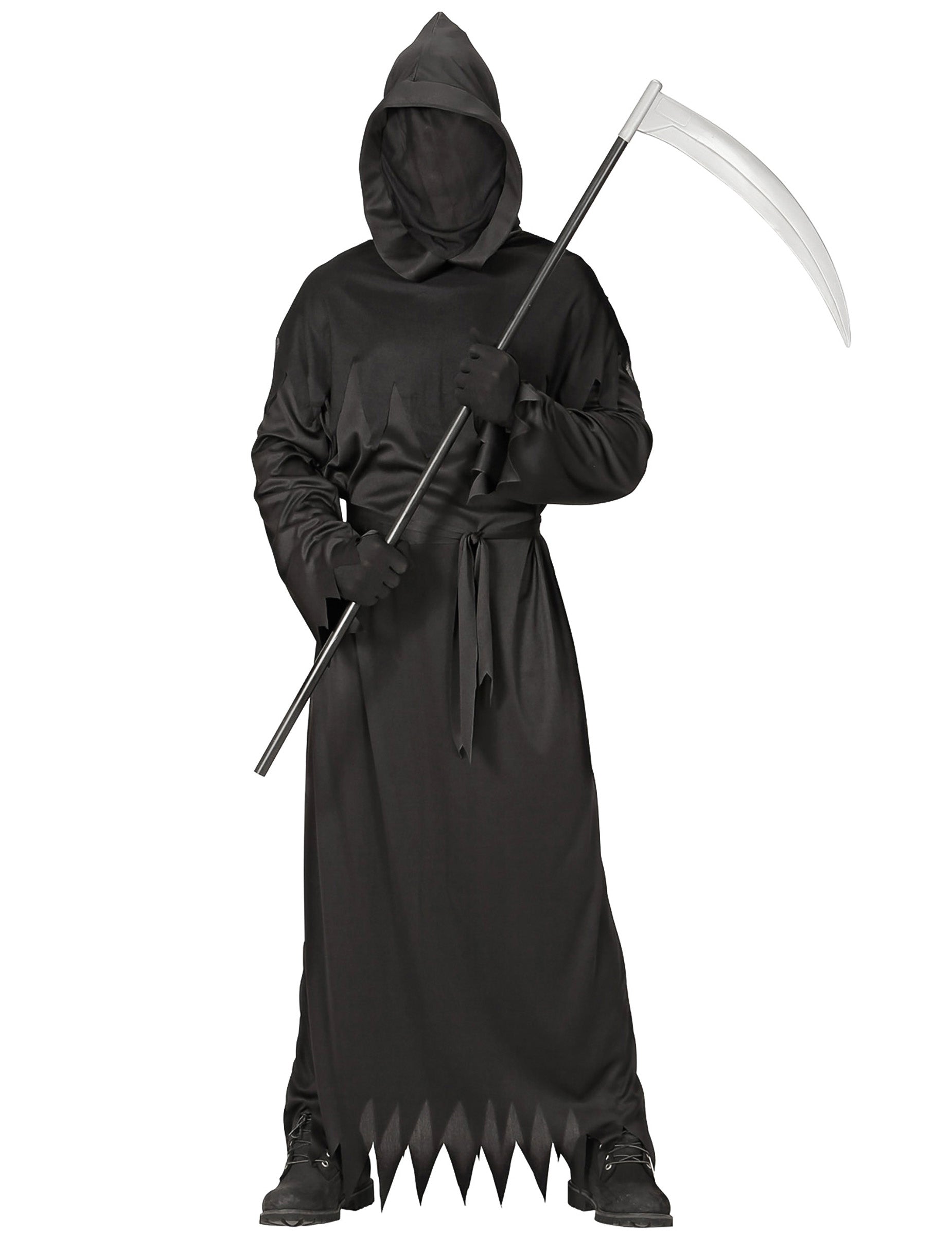 Vue de face avec la faux du déguisement de la mort pour homme