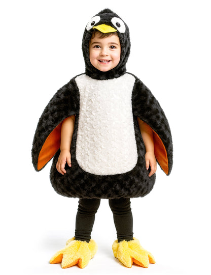 Déguisement de pingouin peluche pour enfant noir et blanc avec pattes jaunes