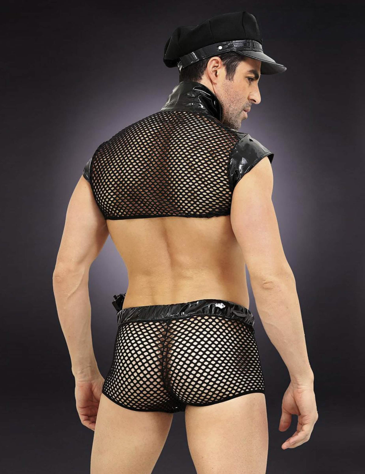 Vue de dos de la tenue en résille du déguisement de policier sexy luxe pour homme