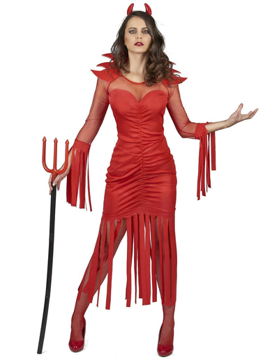 Déguisement démon du feu pour femme rouge avec cornes et trident