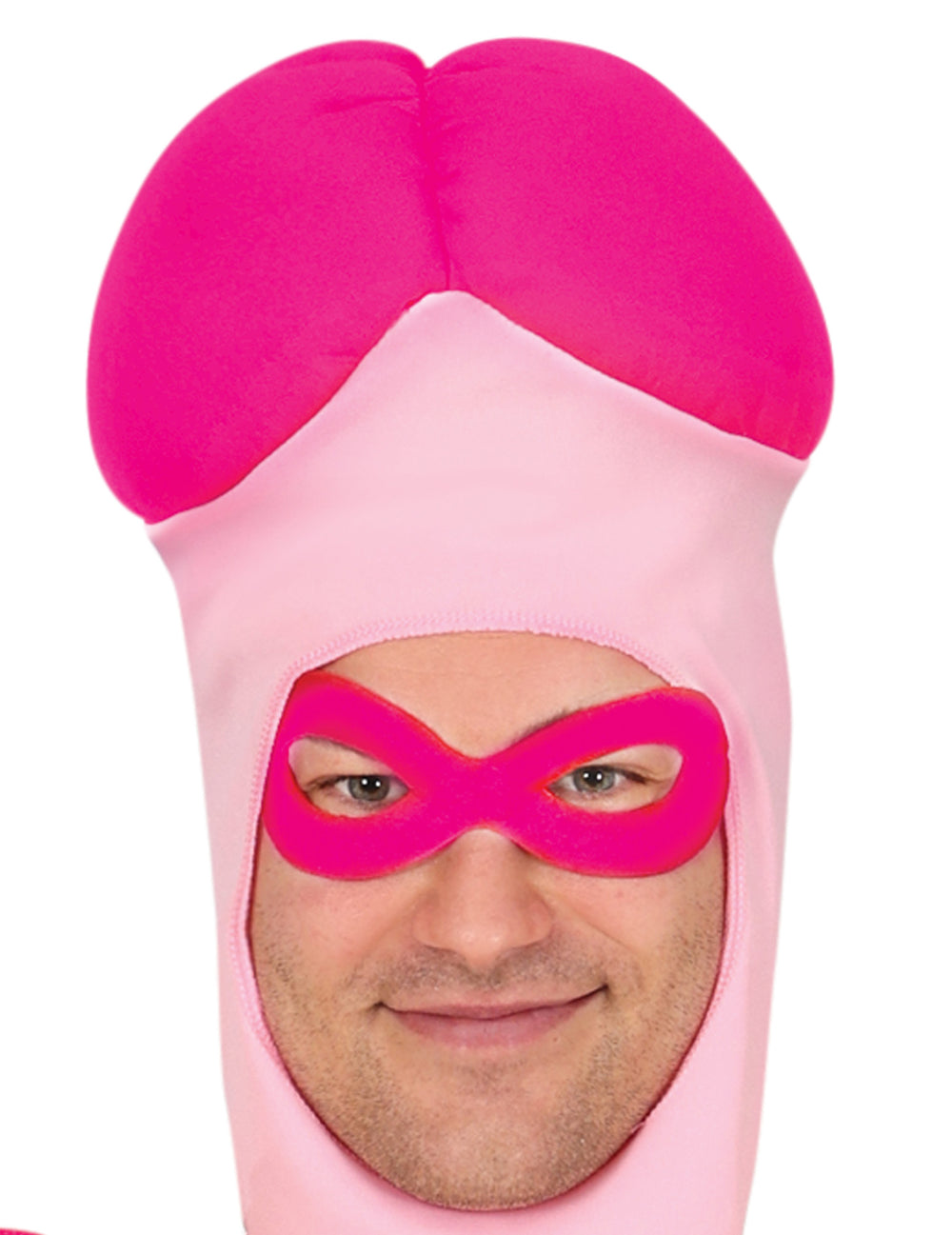 Gros plan sur la cagoule et le loup rose du déguisement Dickman pour adulte