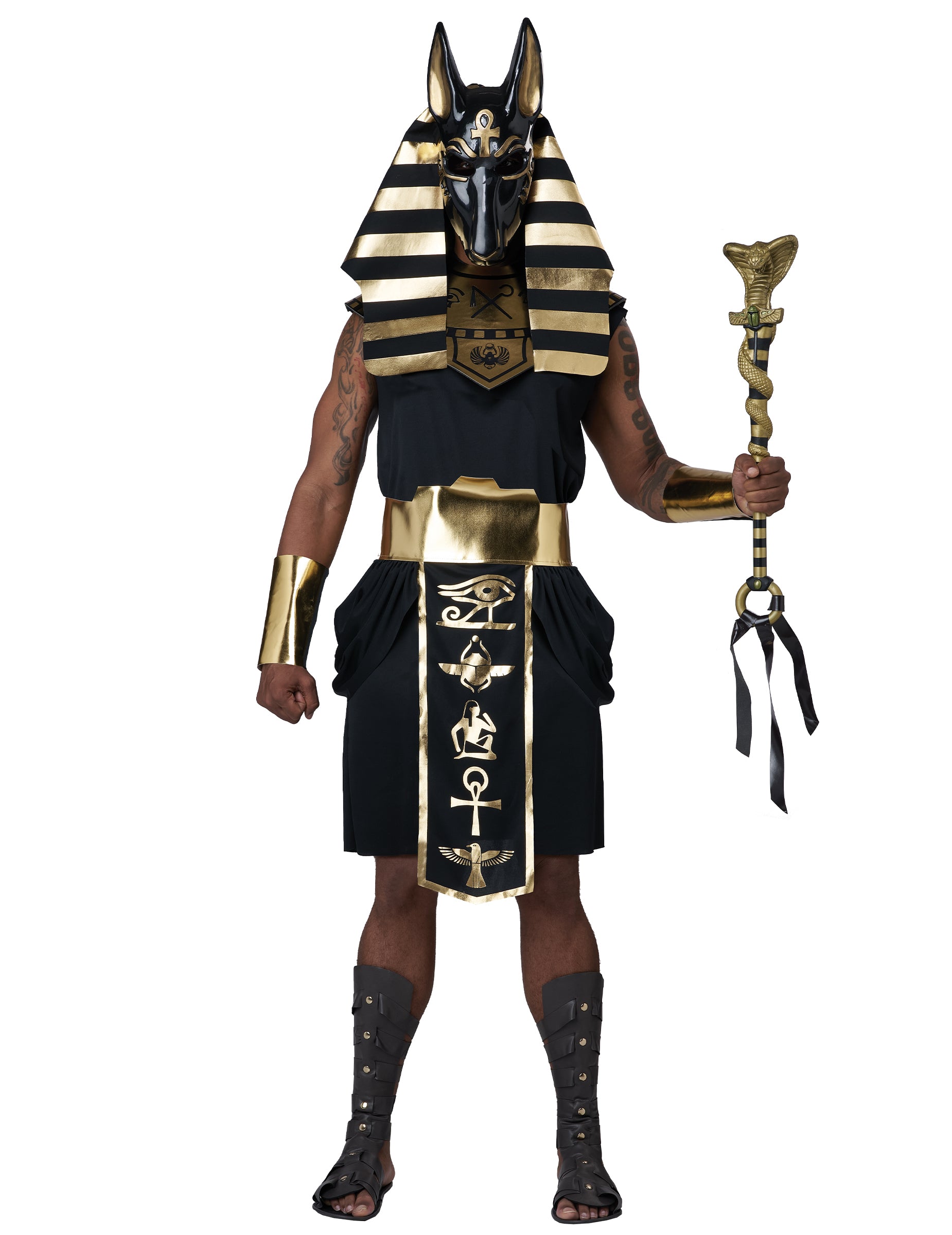 Déguisement de dieu Anubis luxe pour homme noir et doré avec masque et sceptre