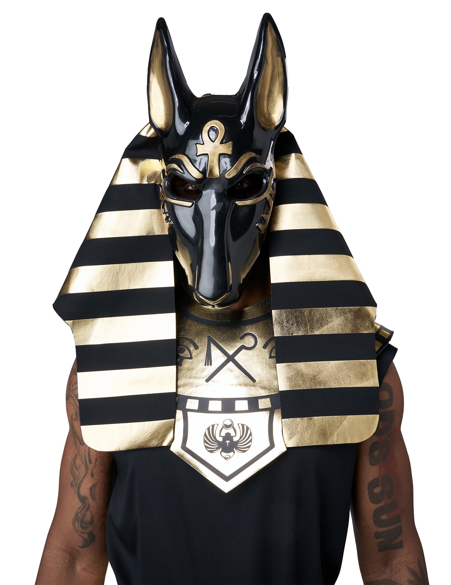 Gros plan sur le masque du déguisement de dieu Anubis luxe