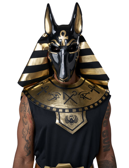 Détail de la coiffe et du col doré du déguisement de dieu Anubis luxe