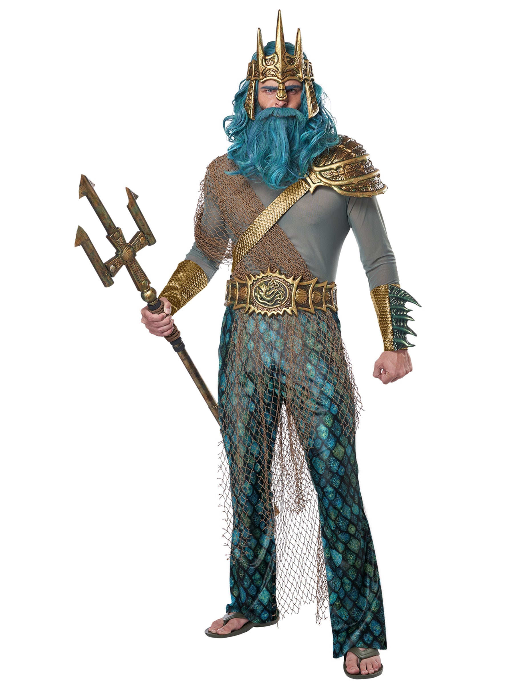 Déguisement dieu de la mer luxe pour homme bleu turquoise et doré avec trident