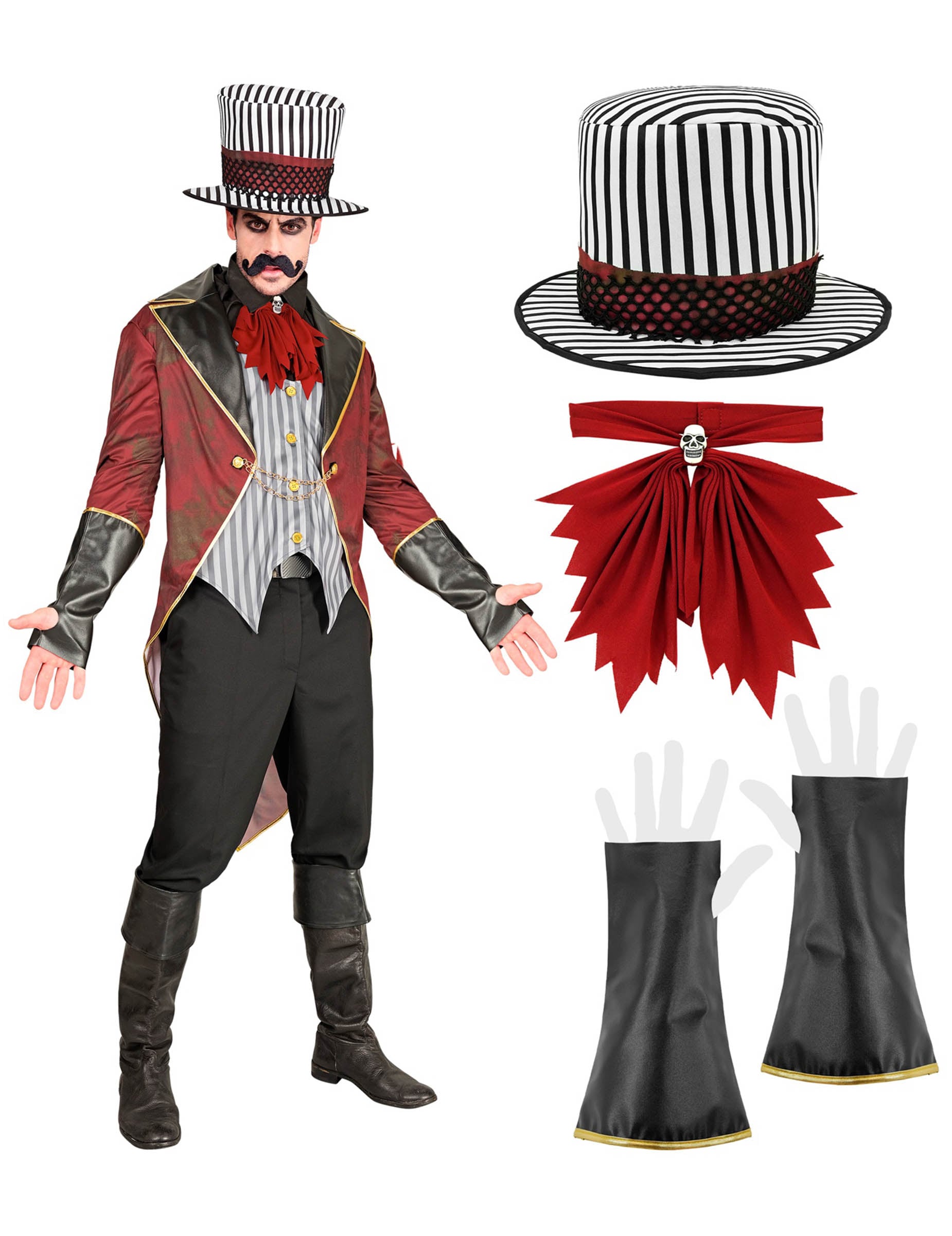 Détail des accessoires du déguisement de directeur de cirque sinistre pour adulte