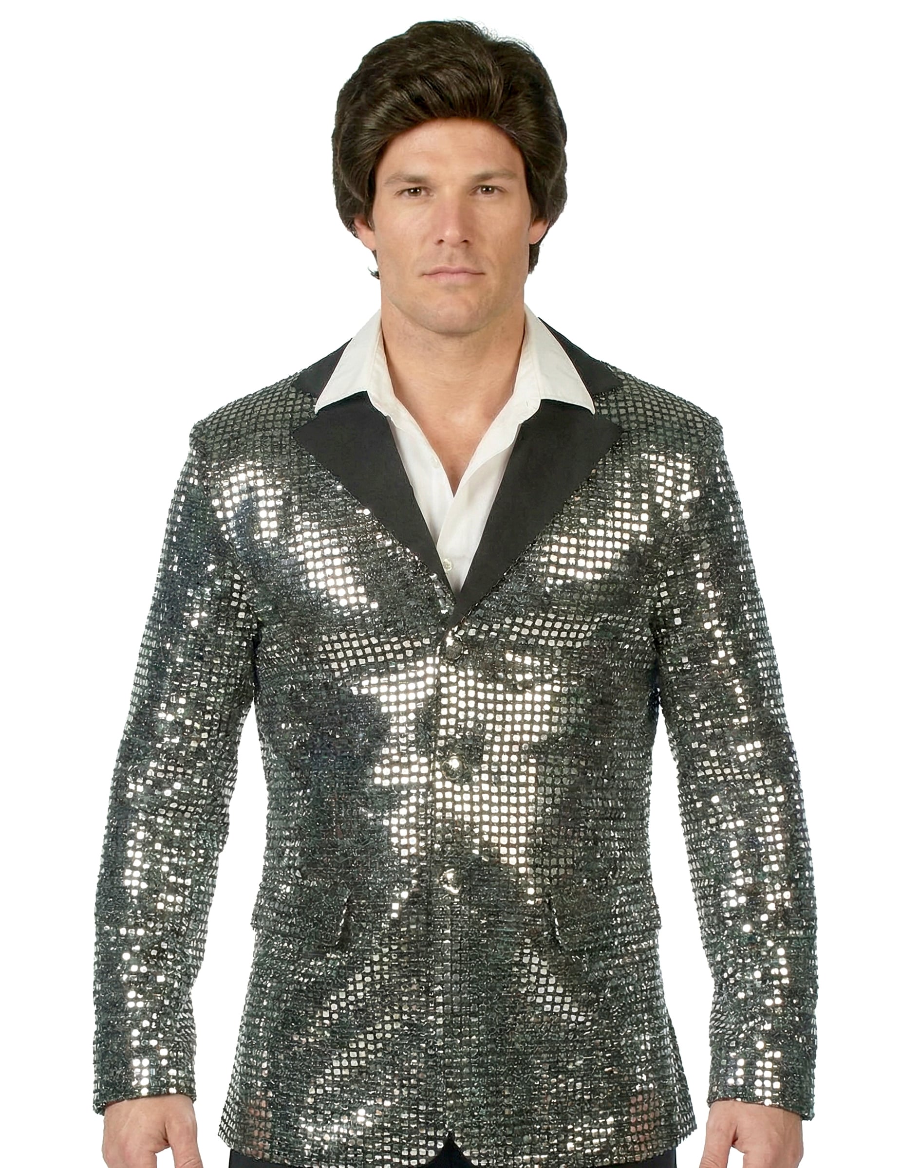 Gros plan sur la veste à paillettes argentées du déguisement disco pour homme