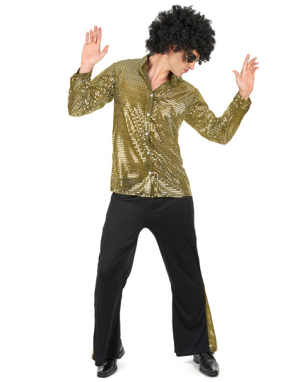 Déguisement disco pour homme doré à paillettes avec chemise à sequins et pantalon noir