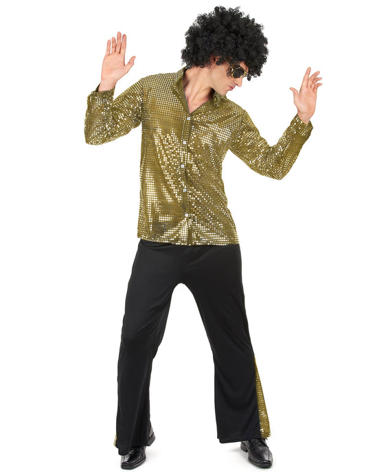 Déguisement disco pour homme doré à paillettes avec chemise à sequins et pantalon noir