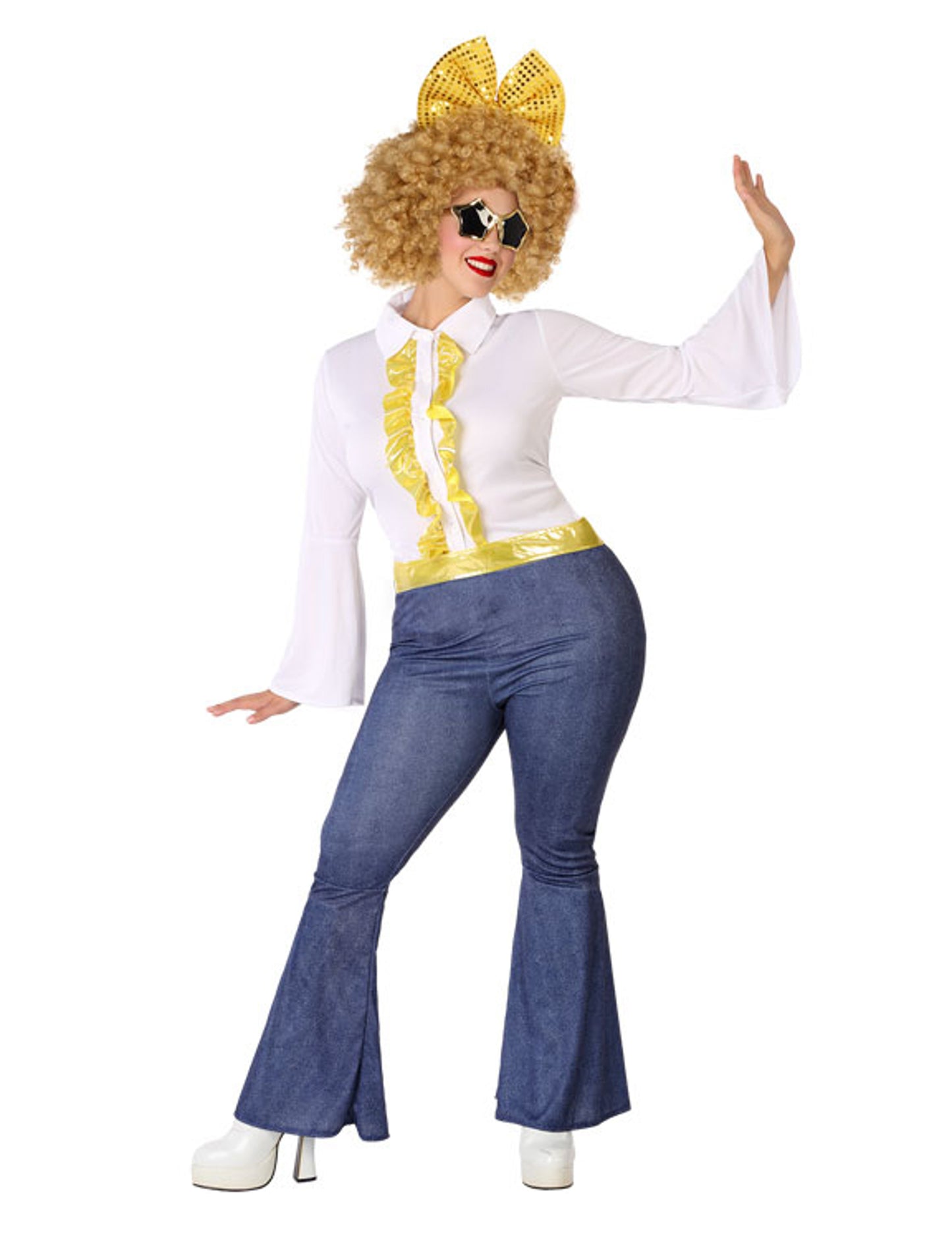 Дамски диско костюм с ефект на дънки и златно, голям размер 