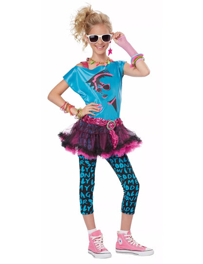 Déguisement disco années 80 pour femme bleu et rose avec tutu et legging imprimé