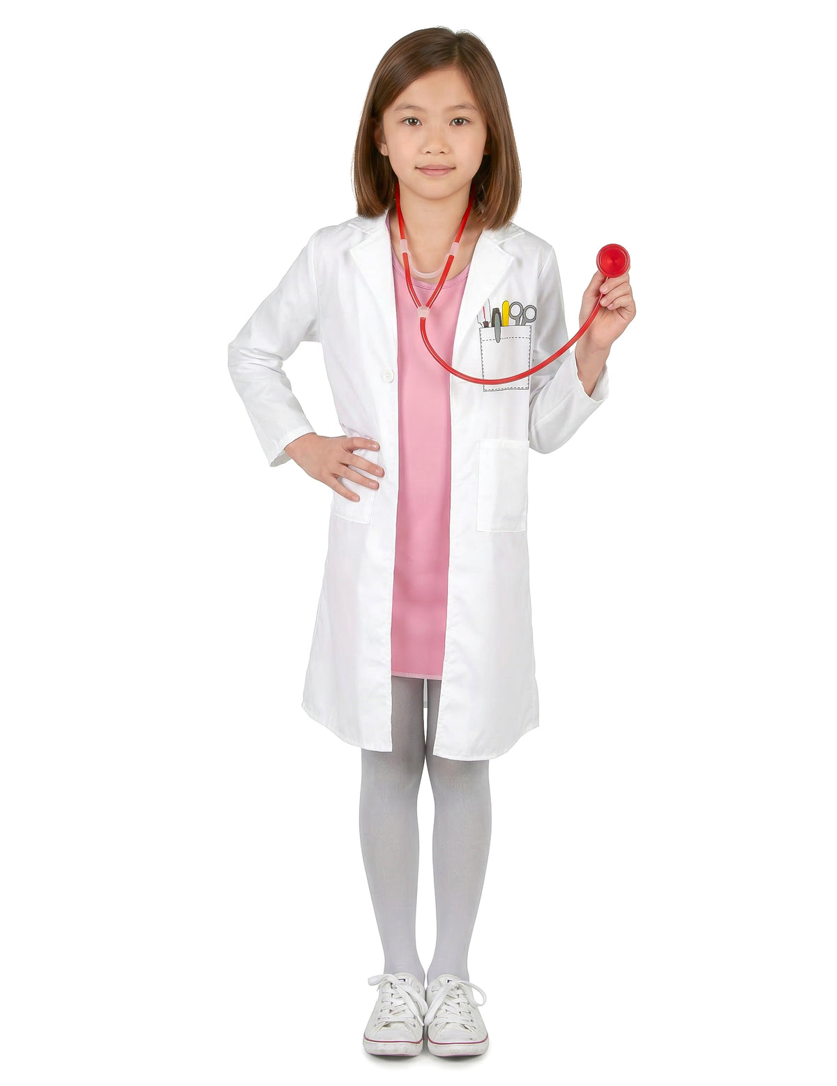 Déguisement de docteur pour fille blanc avec robe rose et stéthoscope rouge