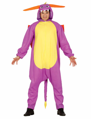Déguisement dragon du feu pour adulte violet et jaune avec cornes orange