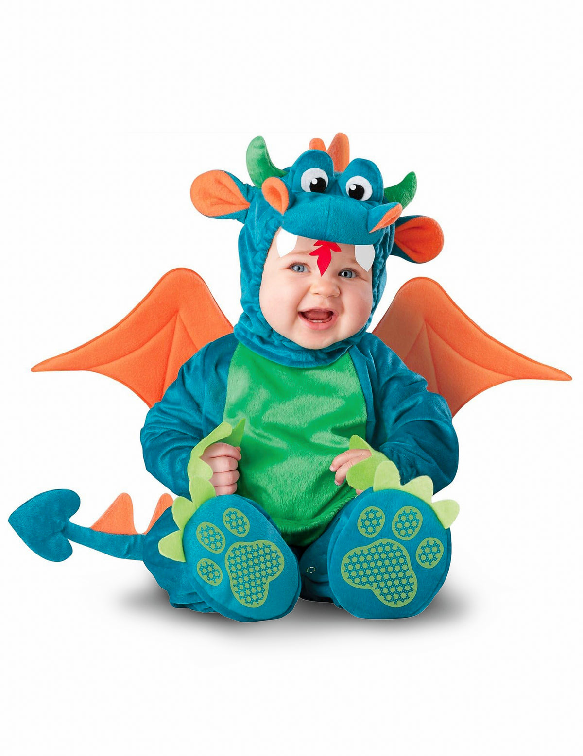 Déguisement de dragon luxe pour bébé bleu et vert avec ailes orange