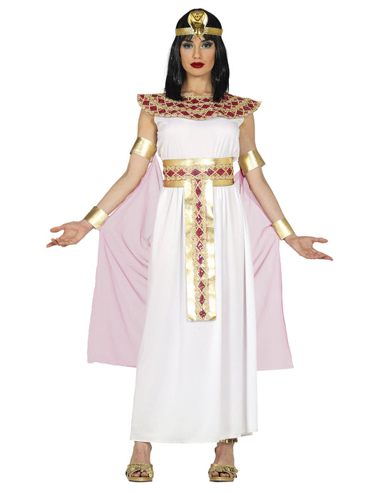 Déguisement égyptienne pour femme blanc rose et or avec voile et accessoires dorés