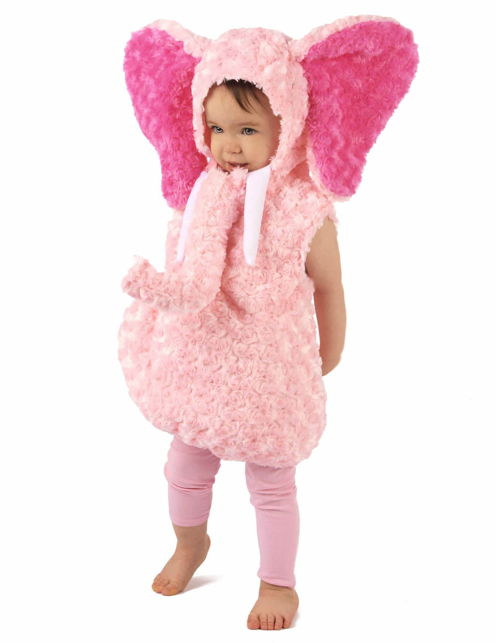 Déguisement éléphant pour enfant rose à texture bouclée avec capuche et grandes oreilles