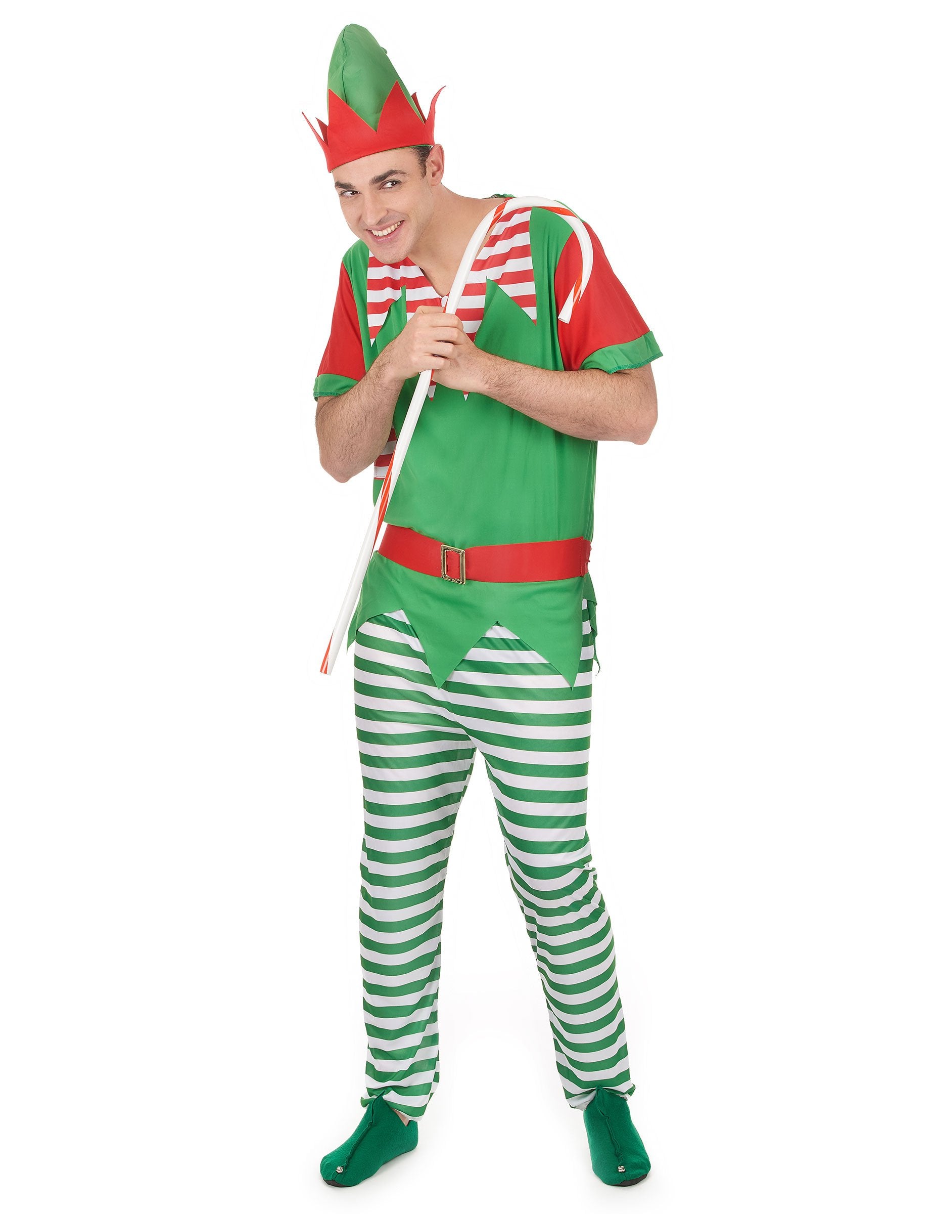 Дегизировка на елф за мъже в зелено и червено с райета панталон и шапка