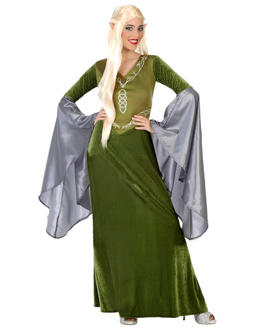 Déguisement d'elfe pour femme vert avec manches évasées grises