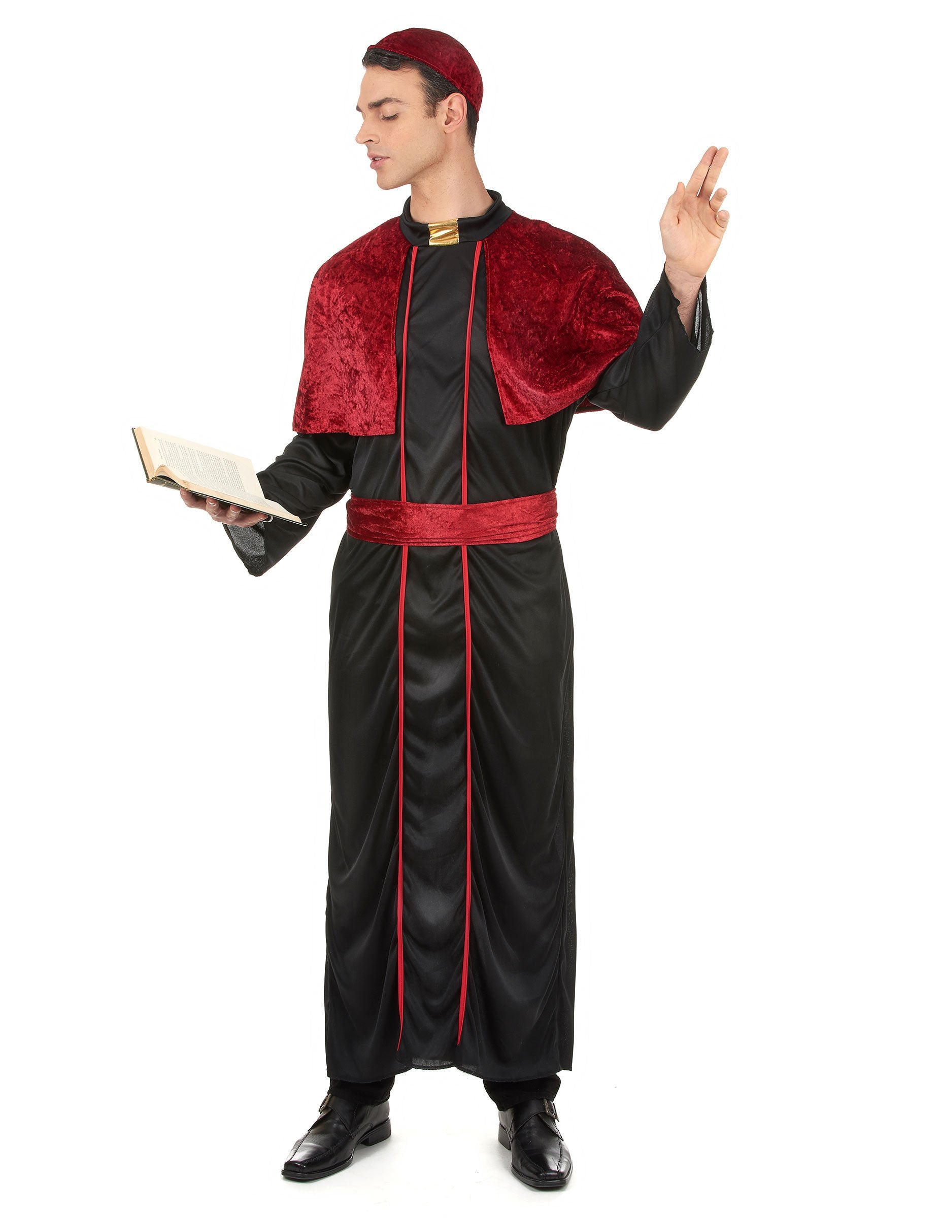 Déguisement d'évêque pour homme noir et rouge avec calotte