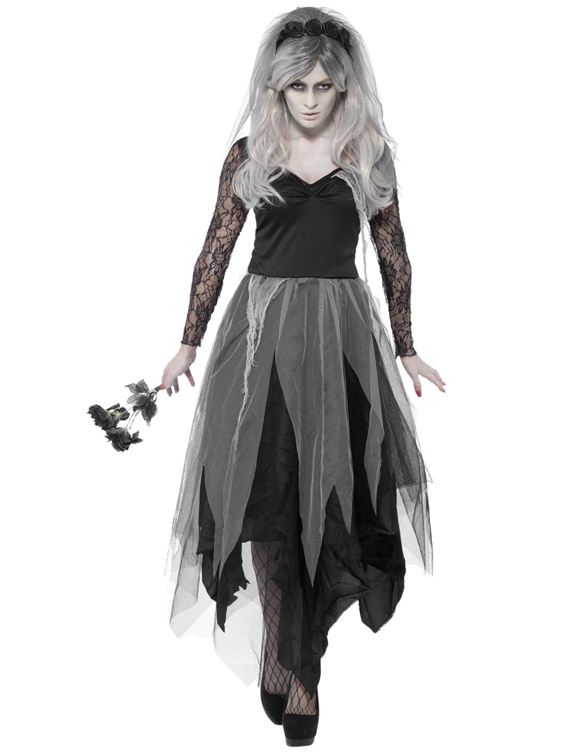 Дегизировка на черна булка-призрак за жени с сива пола и воал