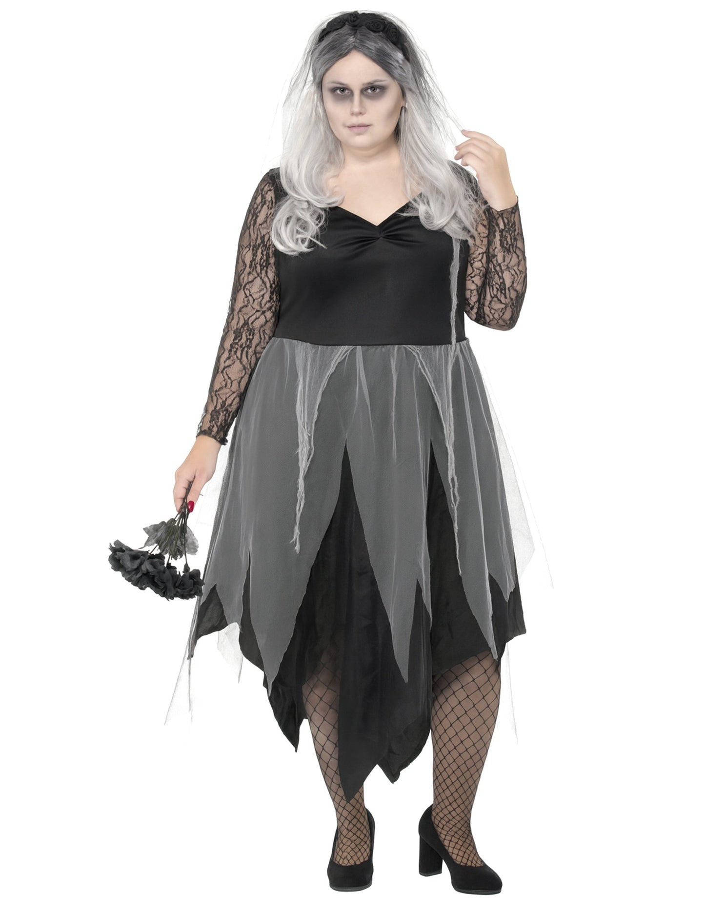 Общ изглед на дегизировката на черна булка-призрак за жени