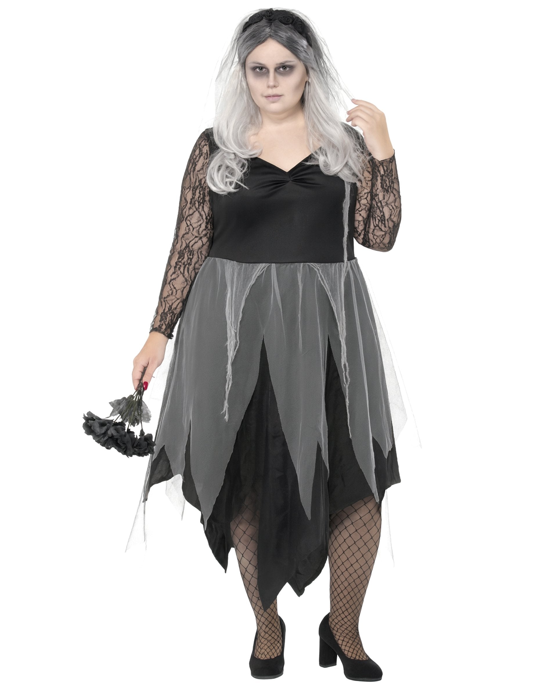 Общ изглед на дегизировката на черна булка-призрак за жени