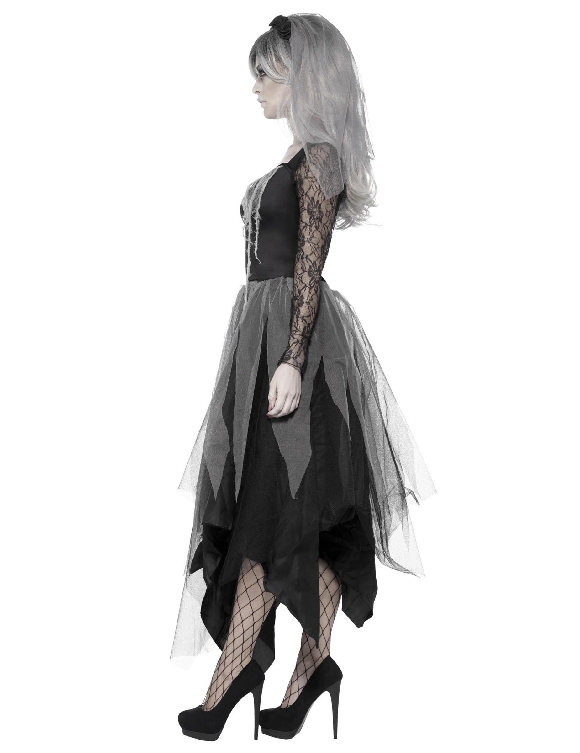 Профилен изглед на дегизировката на черна булка-призрак за жени