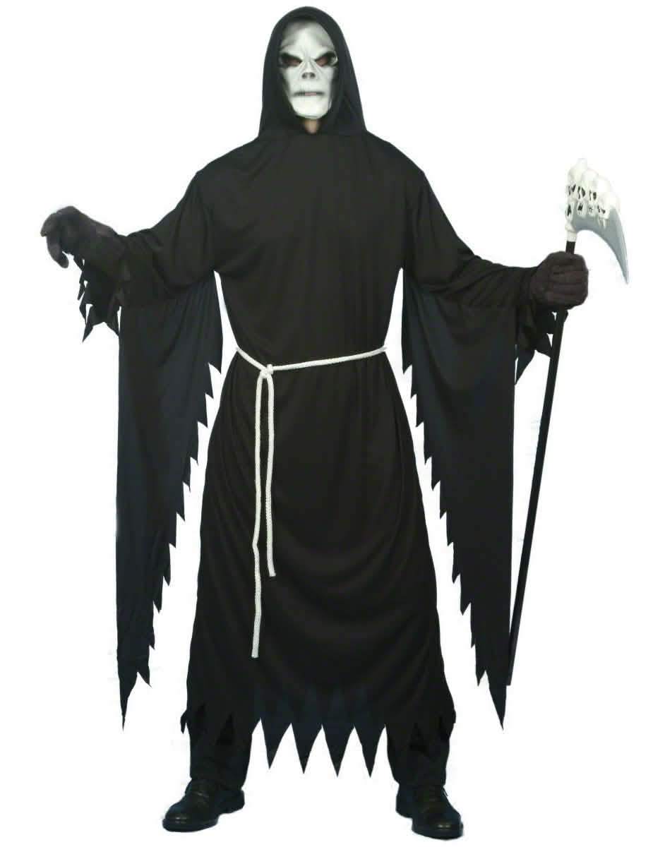 Déguisement de faucheur Halloween pour adulte noir avec masque blanc et ceinture cordelette