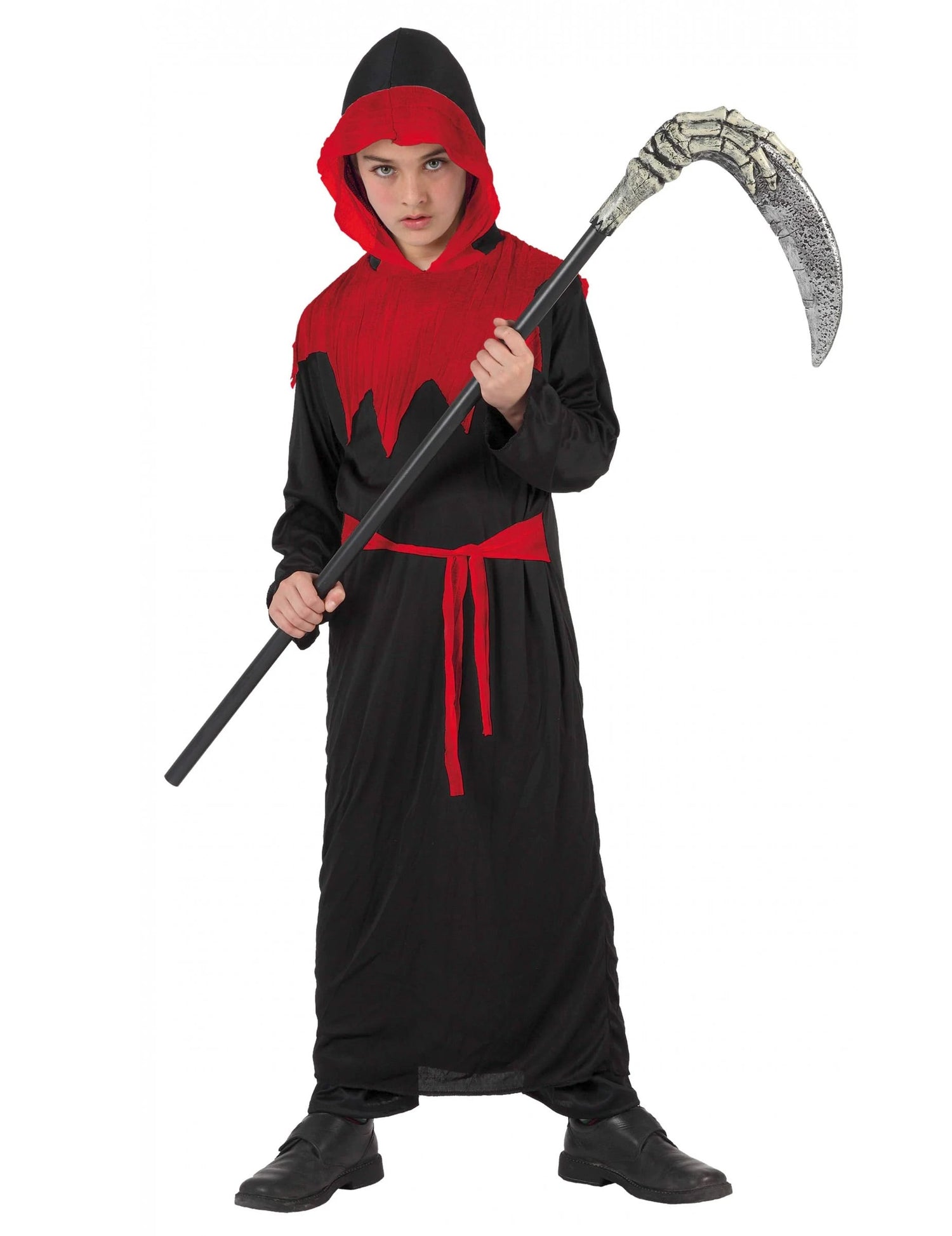 Déguisement de faucheuse pour enfant noir et rouge avec capuche
