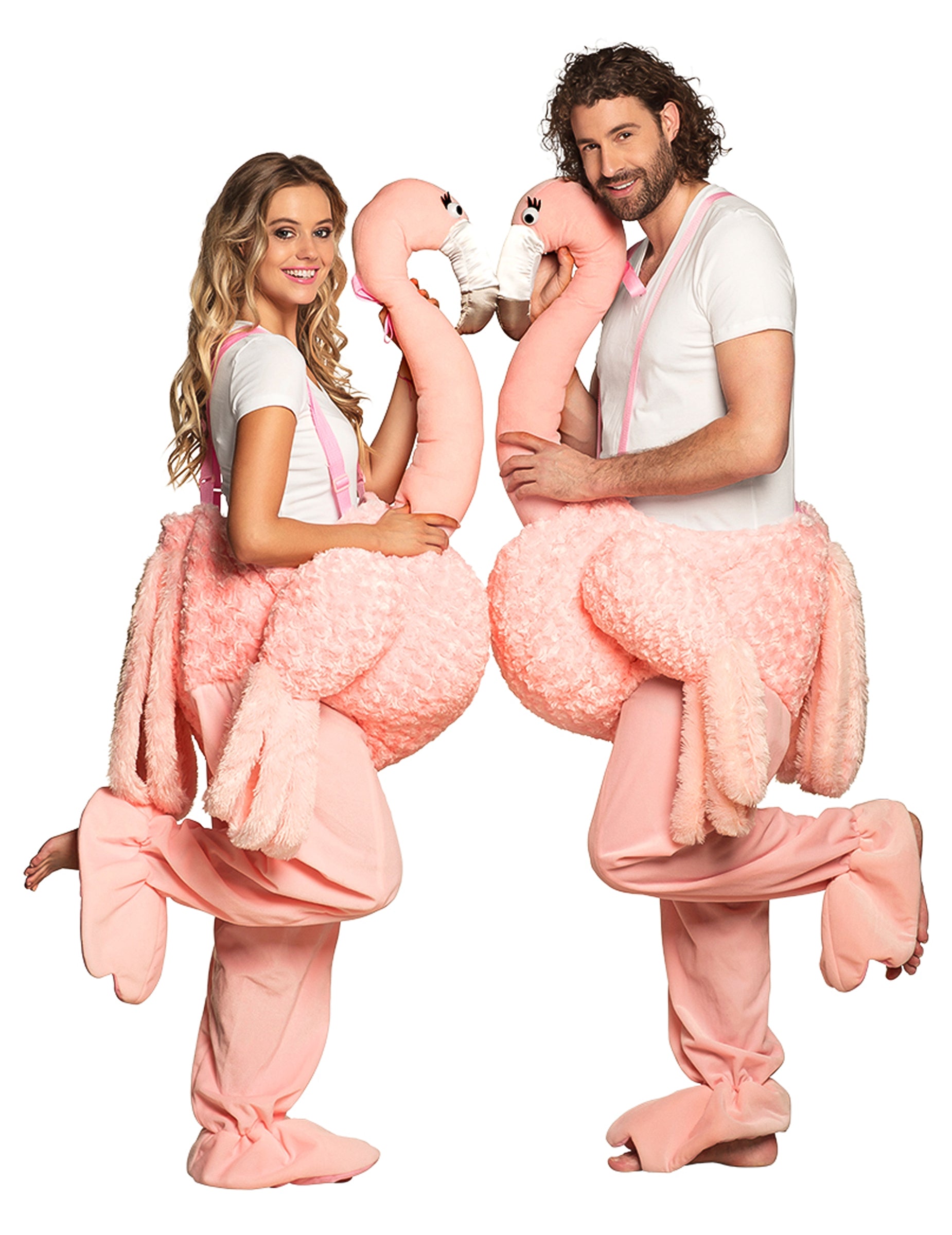 Vue de profil en duo du déguisement à dos de flamant rose