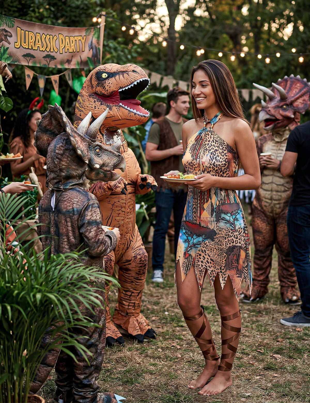 Mise en situation du déguisement de la jungle pour femme lors d'une fête à thème