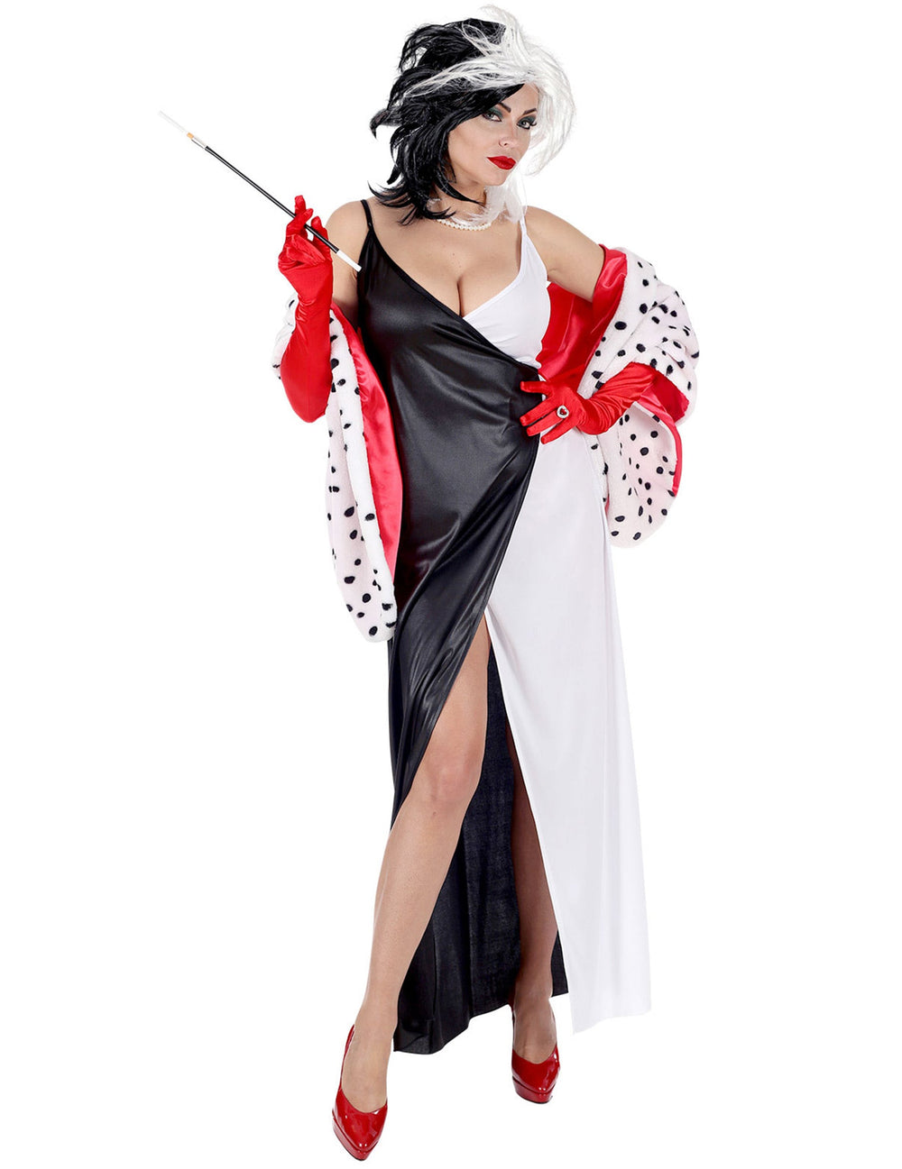 Déguisement femme démoniaque pour femme noir et blanc avec étole à pois et gants rouges