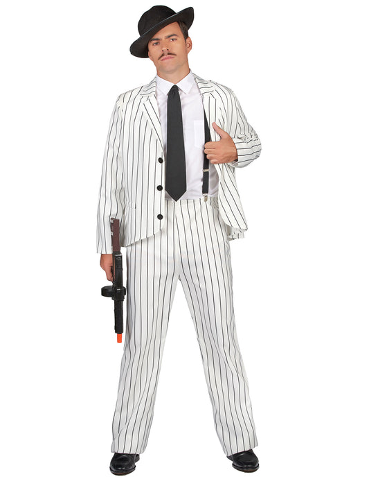 Déguisement de gangster pour homme blanc à rayures noires avec chapeau