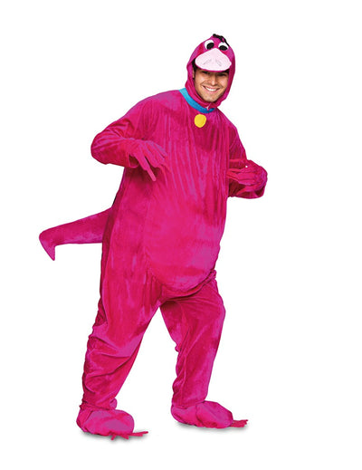 Déguisement gentil dinosaure pour adulte rose avec cagoule et queue