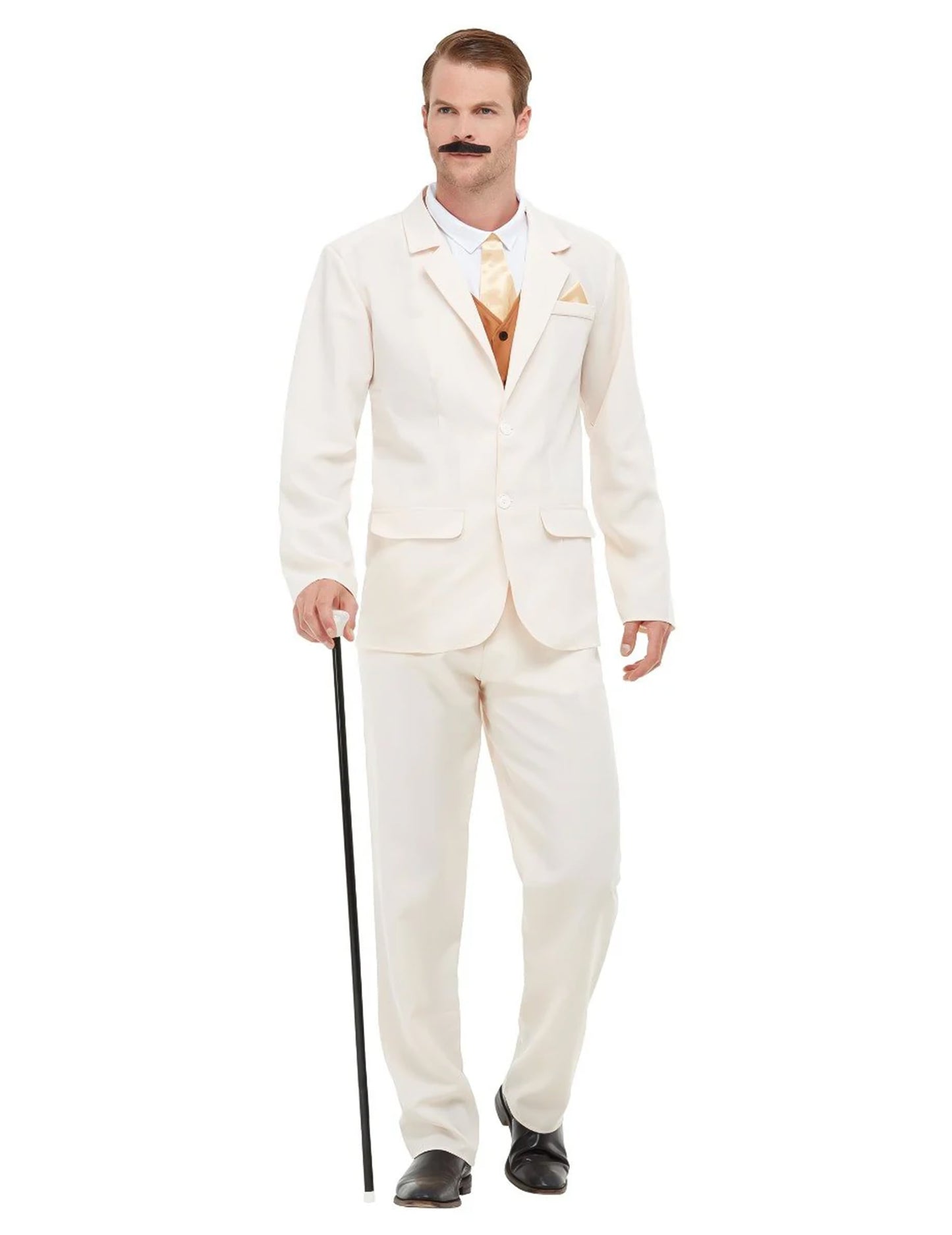 Déguisement gentleman des années 20 pour homme beige avec gilet et cravate dorés