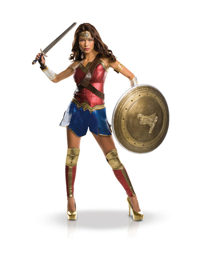 Déguisement grand héritage Wonder woman™ pour femme rouge bleu et doré avec bouclier et épée
