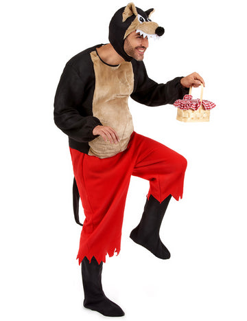 Déguisement de grand loup pour adulte noir et rouge avec cagoule à tête de loup