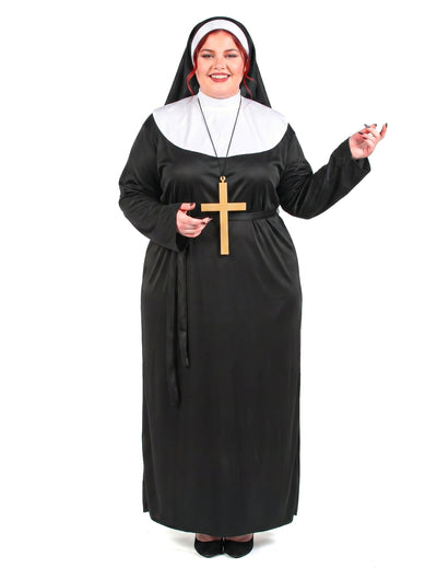 Déguisement de bonne soeur pour femme noir et blanc avec croix dorée
