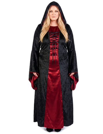 Déguisement grande taille gothique à capuche rouge et noir femme