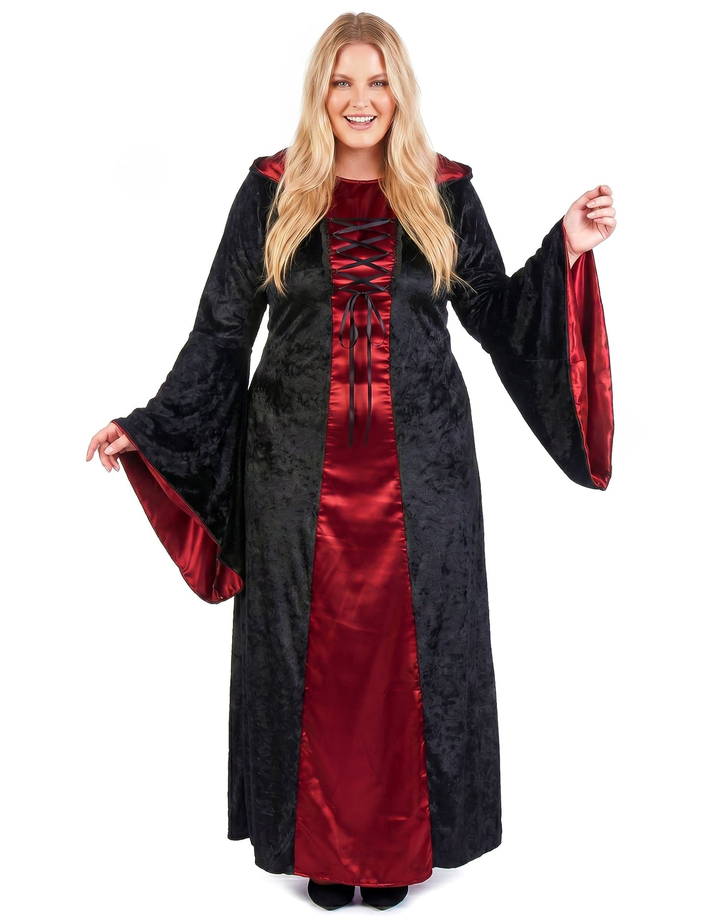 Déguisement grande taille gothique à capuche rouge et noir femme