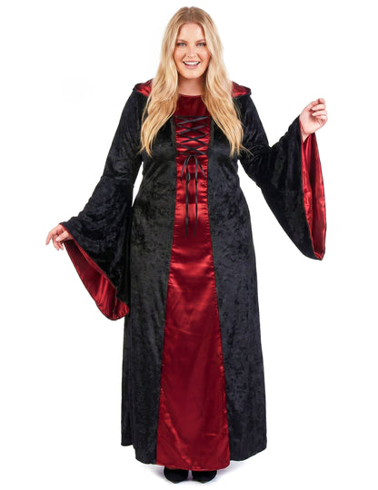 Déguisement grande taille gothique à capuche rouge et noir femme