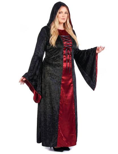 Déguisement grande taille gothique à capuche rouge et noir femme