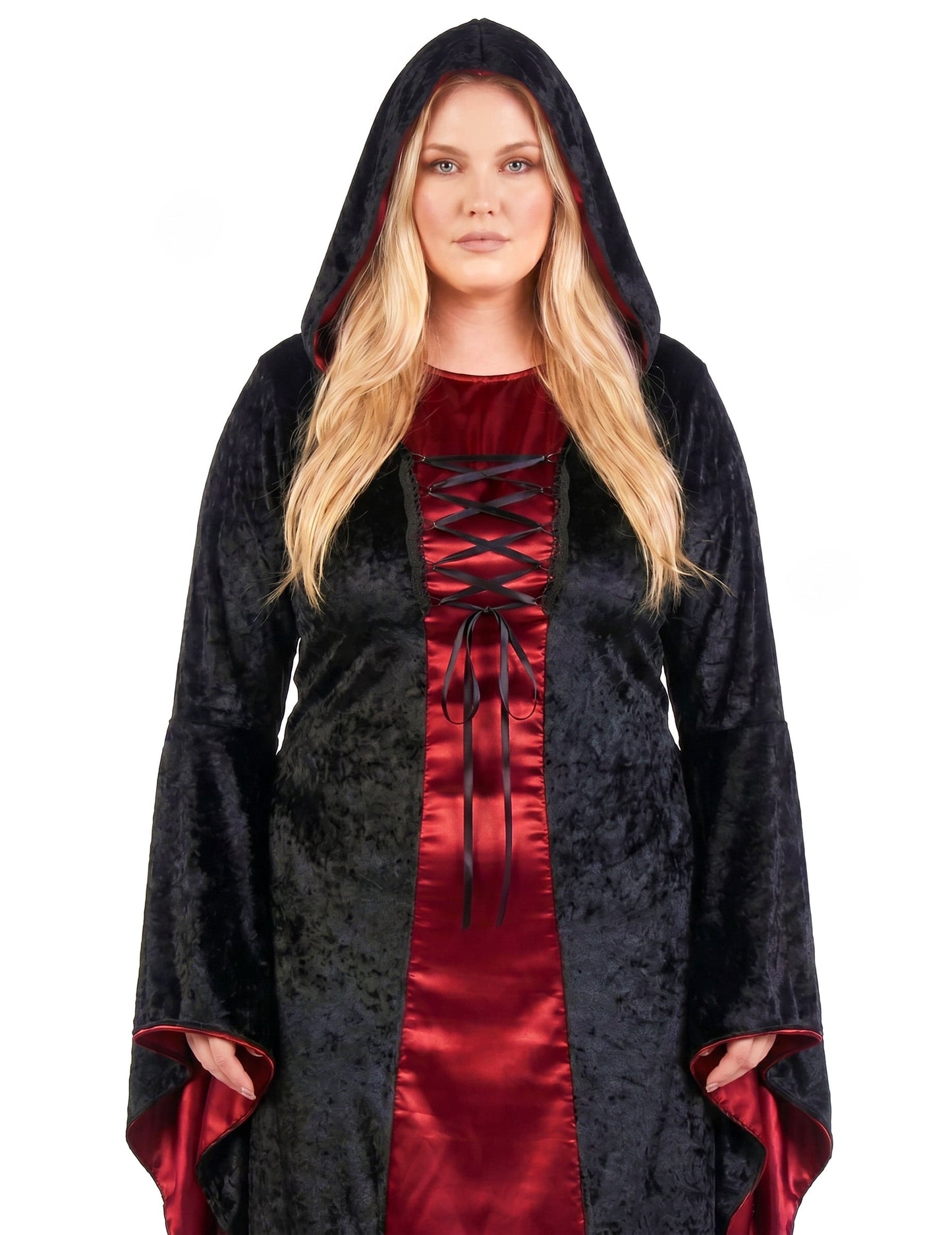 Déguisement grande taille gothique à capuche rouge et noir femme