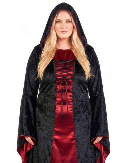 Déguisement grande taille gothique à capuche rouge et noir femme