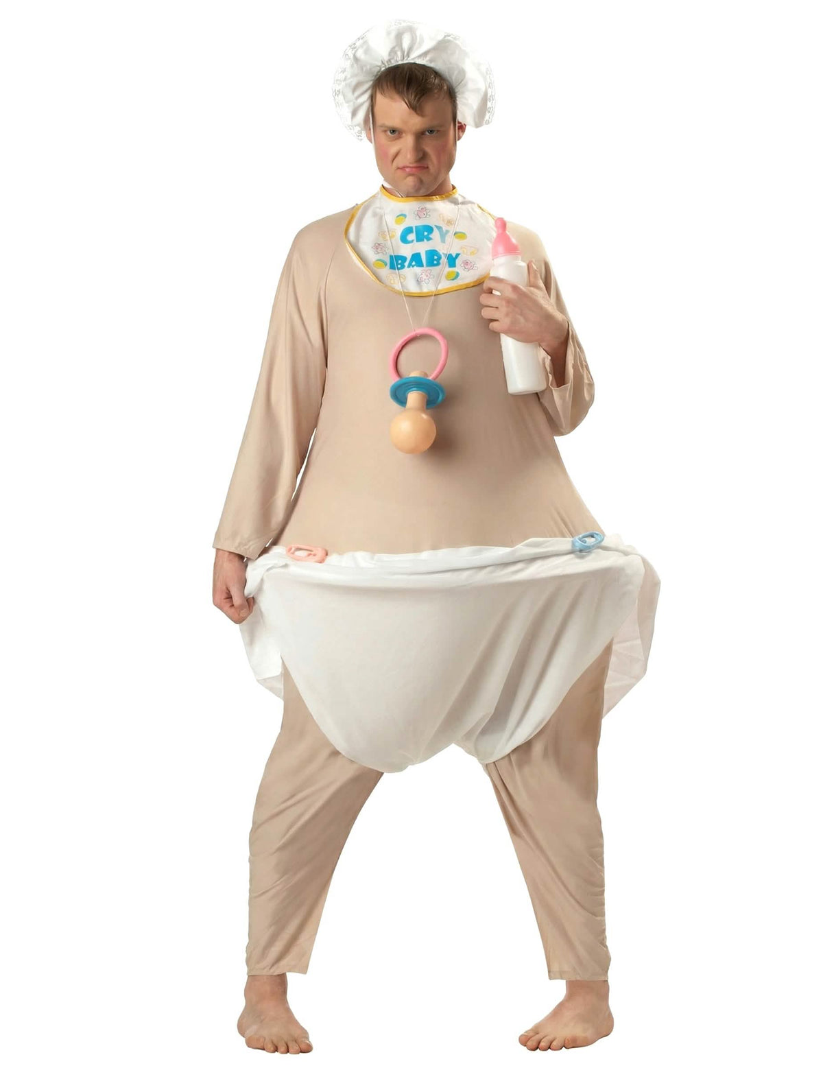Déguisement de gros bébé deluxe pour homme beige avec couche géante bavoir et bonnet