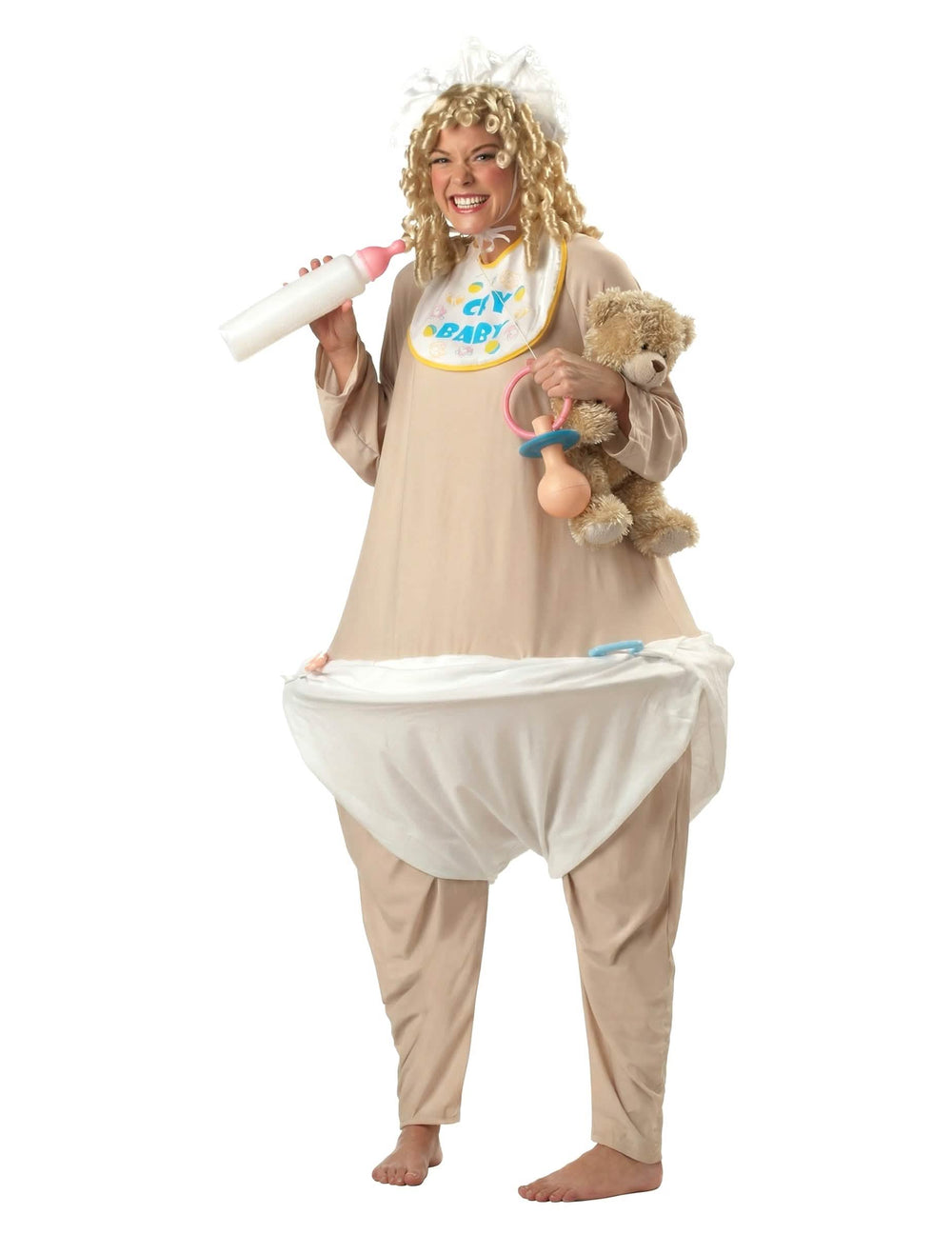 Vue de face pour femme avec accessoires du déguisement de gros bébé deluxe