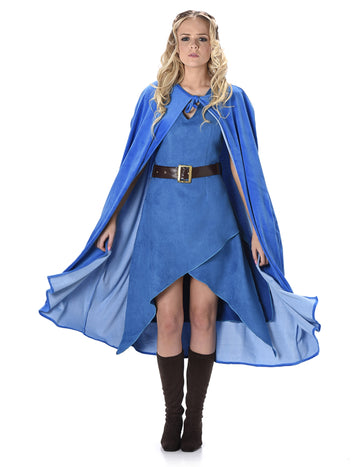 Déguisement de guerrière médiévale pour femme bleu avec cape et ceinture