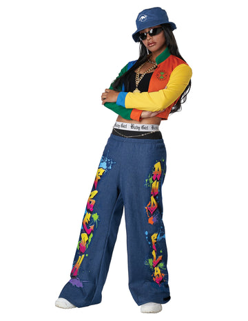 Многоцветен дамски костюм за хип-хоп от 90-те години с сини панталони в стил графити
