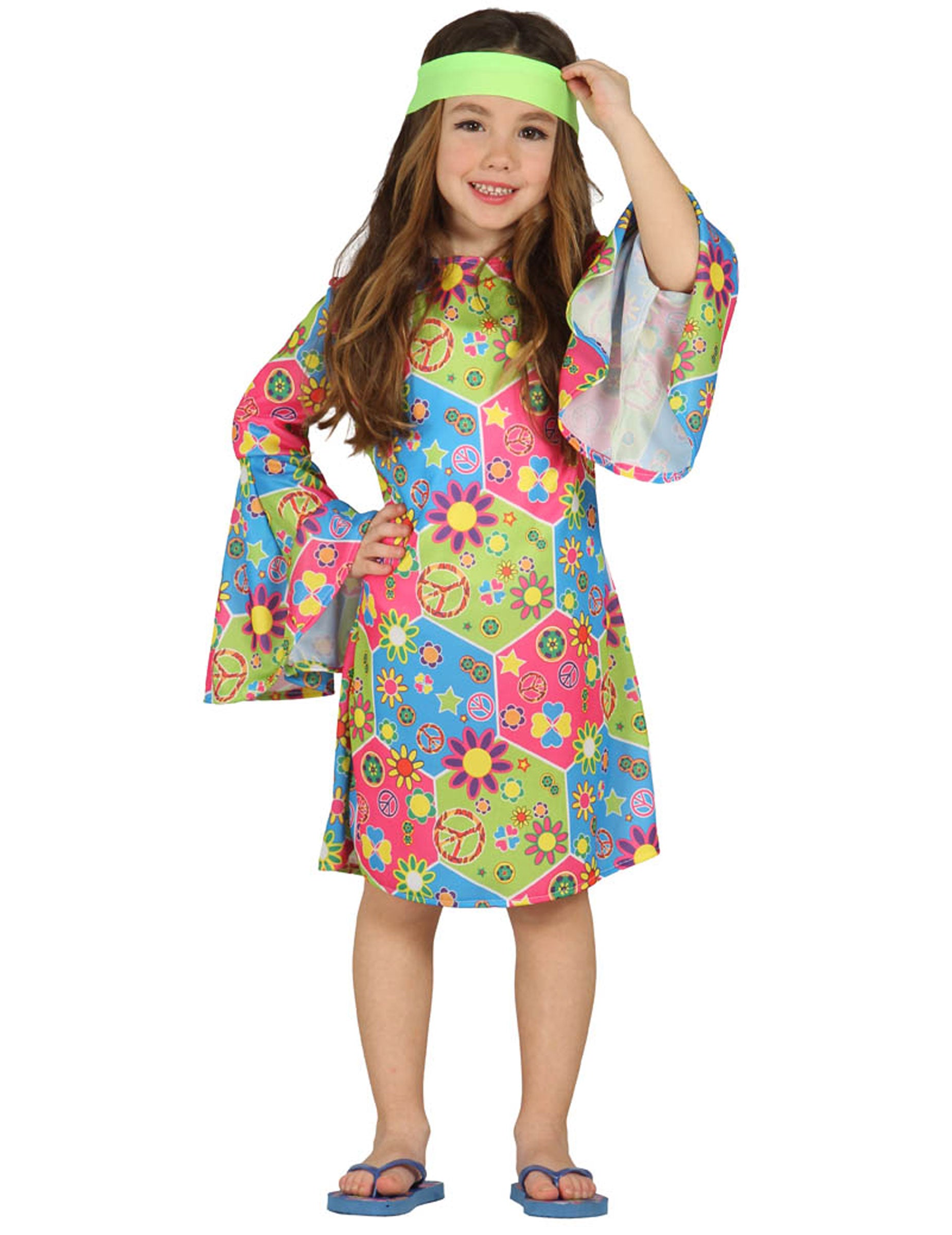 Déguisement hippie avec symboles colorés pour fille multicolore avec bandeau vert