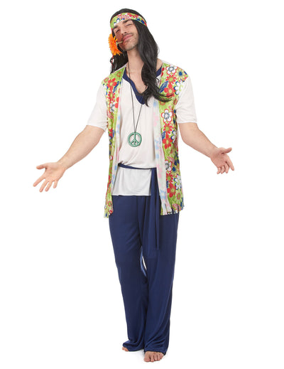 Déguisement hippie pour homme bleu avec gilet à fleurs et bandeau